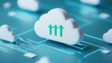 Cloud Computing Concept with Arrows Indicating Data Upload and Information Transfer Across Digital Networks