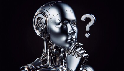 Nickel plated humanoid robot thinking, question mark above his head, side view, isolated on black background