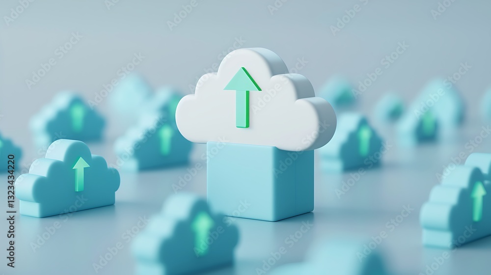 Poster cloud computing concept with blue cloud icons and green upload arrows on soft focus background