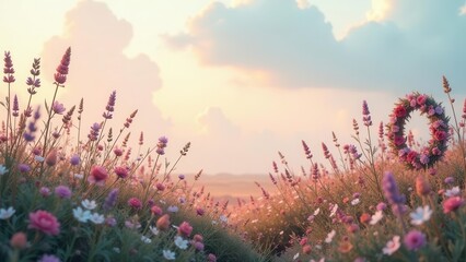 Naklejka premium Serene Sunset Meadow with Delicate Wildflowers and a Floral Wreath