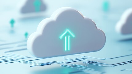 Cloud computing concept with data upload symbol and abstract background featuring digital circuit patterns