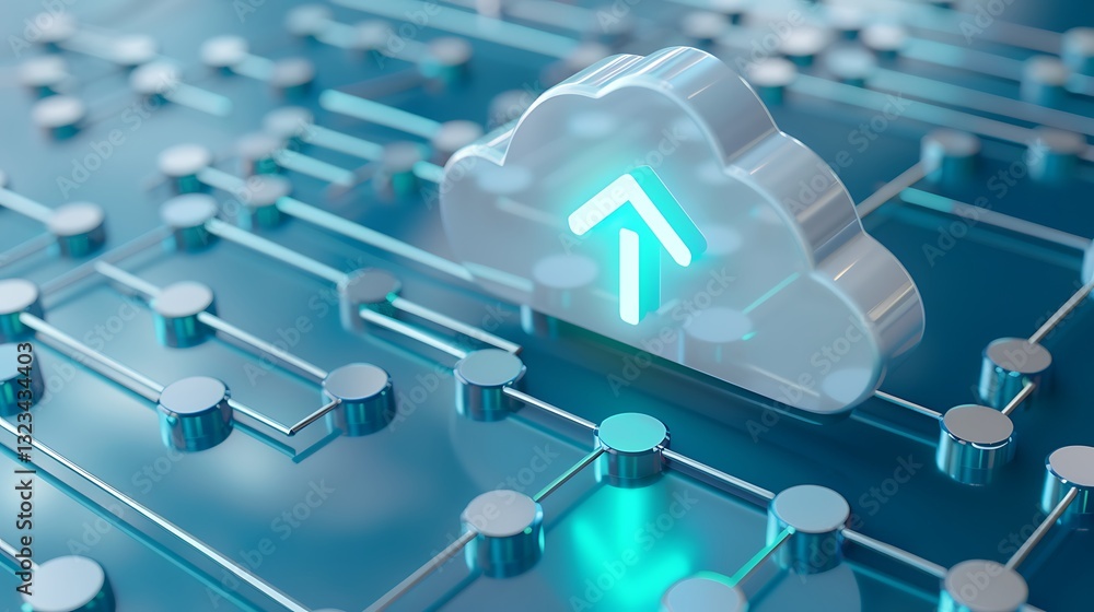 Poster cloud computing concept with data upload symbol on digital circuit background in modern technology e