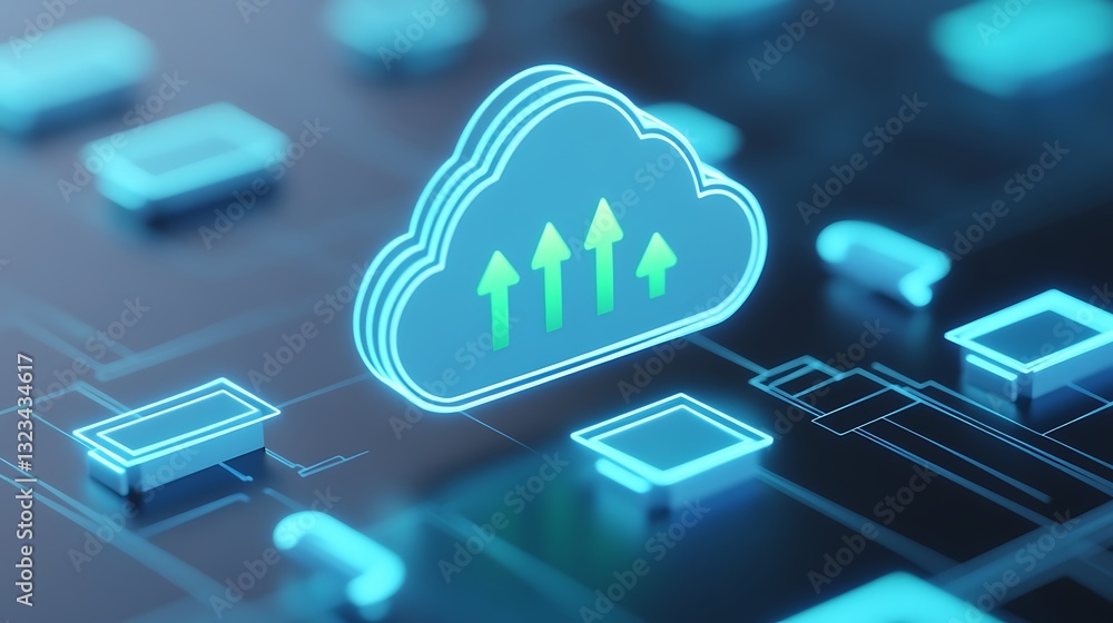 Poster cloud computing concept with green arrows indicating data transfer and network connections in digita