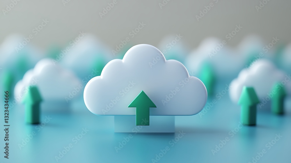 Poster cloud computing concept with green upload arrow on soft blur background for digital transformation t
