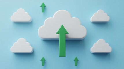 Cloud Computing Concept with Green Arrows Representing Data Uploading on Light Blue Background