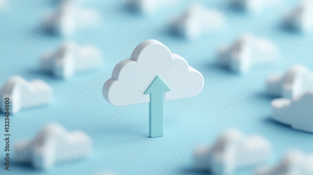 Poster cloud computing concept with multiple white clouds on blue background and arrow pointing upward