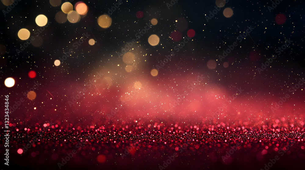 Poster abstract red glitter background with golden bokeh lights and festive shimmering sparkles