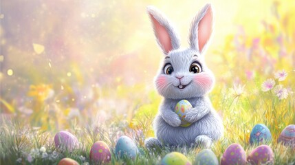 Adorable Easter bunny holding a decorated egg in a vibrant spring meadow with colorful flowers and festive atmosphere