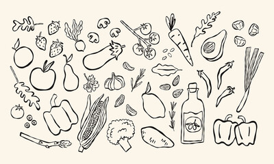 Bundle of vegetables, root vegetables, fruits and greens. Vector drawn contour lines illustration in minimalistic style. Monochrome vector illustration.