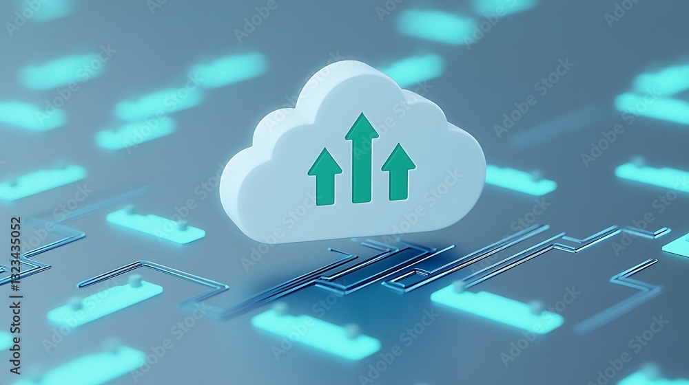 Poster cloud computing concept with upload arrows representing data transfer and digital connectivity in te