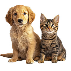 Golden retriever puppy and tabby cat running and playing together, friendship animals, isolated on transparent background, png