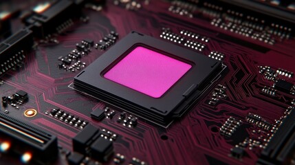 Fototapeta premium Close up view of a central processing unit (CPU) chip on a dark red circuit board. The CPU's surface is a textured pink, contrasting with the black and red of the board.