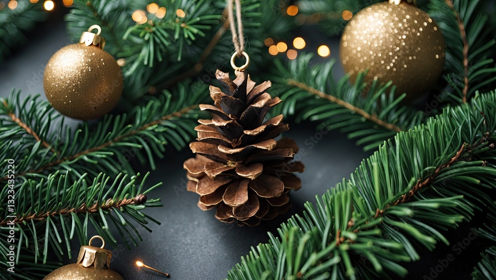 Aufkleber christmas tree branches adorned with a brown pine cone and gold glitter ornaments against a dark bac