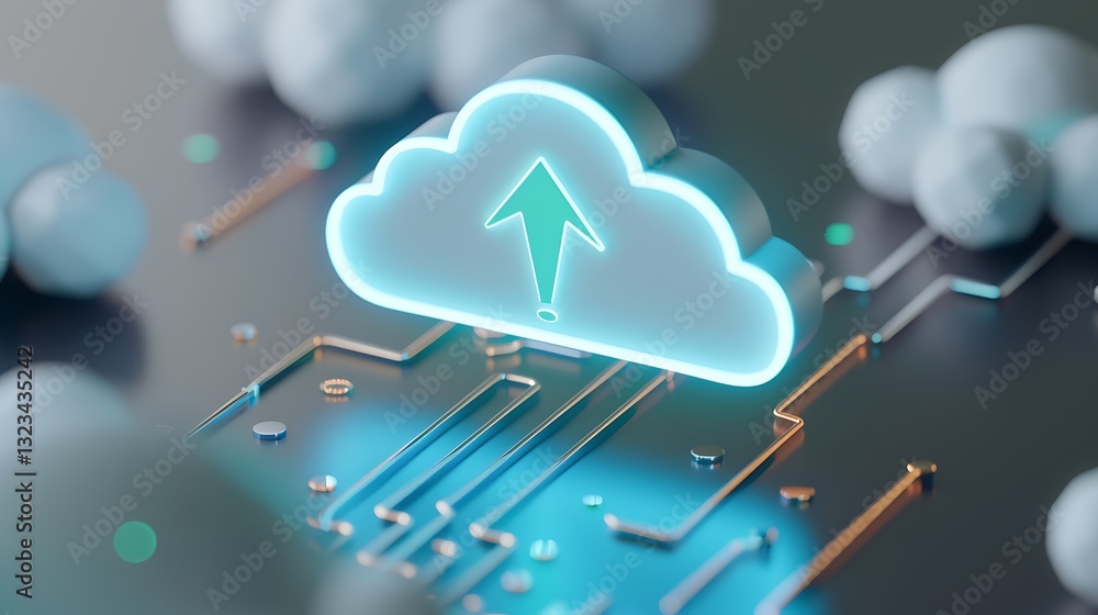 Poster cloud computing concept with upload symbol and digital circuit on dark background