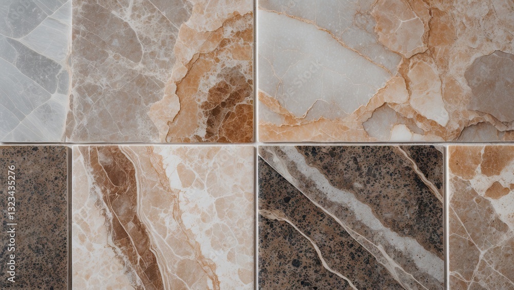 Poster Elegant marble tile background showcasing four large tiles in neutral beige, cream, and brown tones with intricate veining patterns.