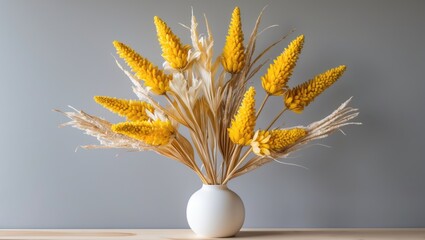 Bright yellow dried flowers arranged in a white vase on a wooden table against a light gray wall, creating a vibrant and elegant floral display.