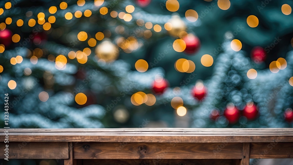 Poster wooden table surface in foreground with blurred christmas tree lights in soft bokeh hues of gold and