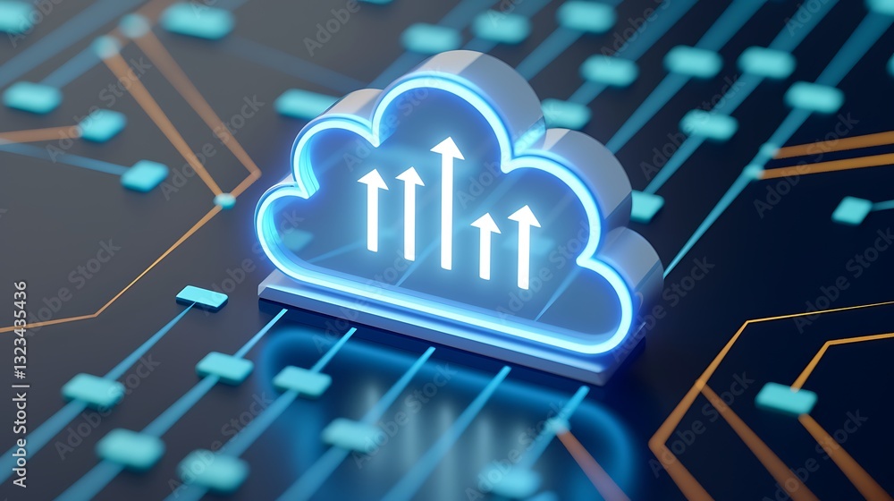 Poster cloud computing concept with upward arrows on glowing digital circuit background representing data g