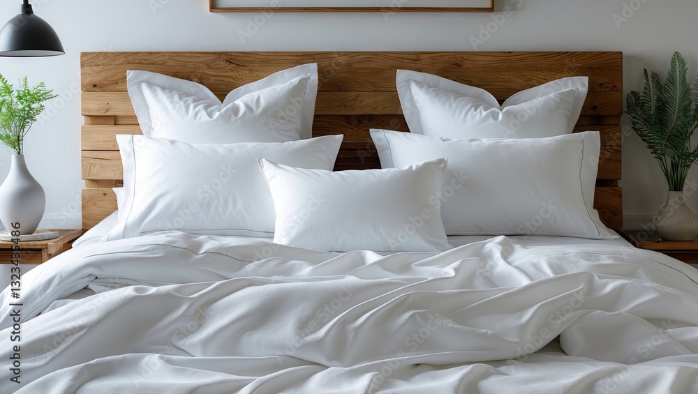 Poster inviting white bed linens and plush pillows arranged symmetrically on a wooden headboard with soft l