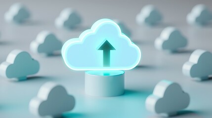 Cloud Computing Icon with Arrow Symbol Representing Data Upload and Technology Concept in Blue Illumination