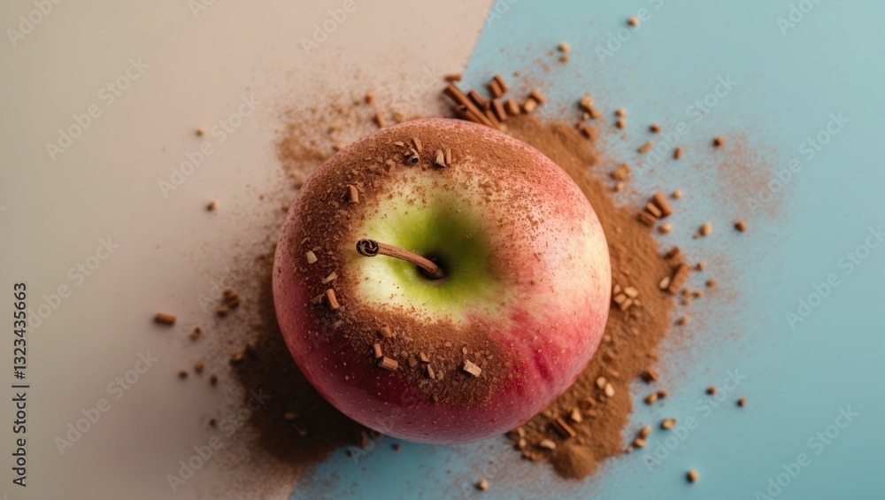 Poster fresh green apple dusted with cinnamon powder on a split pastel background featuring soft blue and b