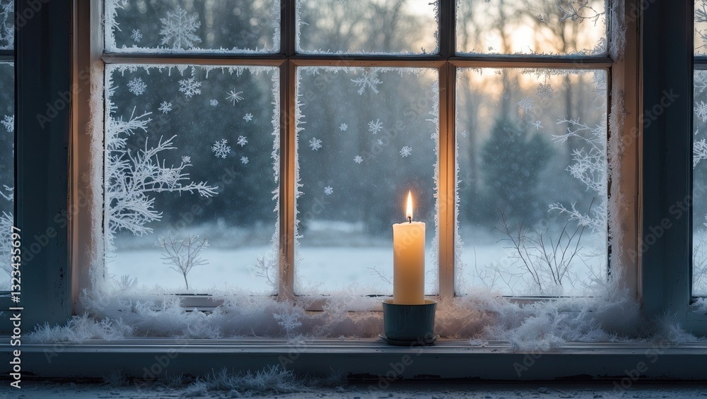 Poster frosted winter window scene featuring a warm yellow lit candle positioned on a dark surface with sno