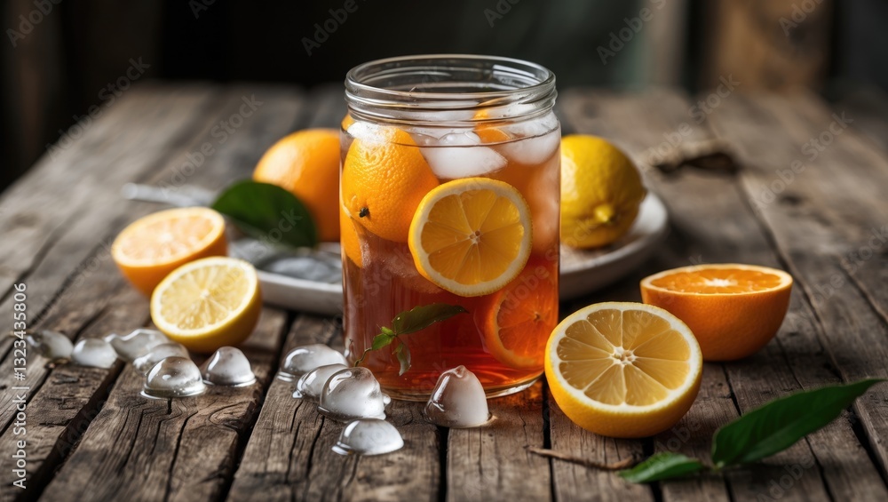 Aufkleber Refreshing iced tea with orange and lemon in a glass jar on a rustic wooden table with ice cubes and citrus slices in soft sunlight
