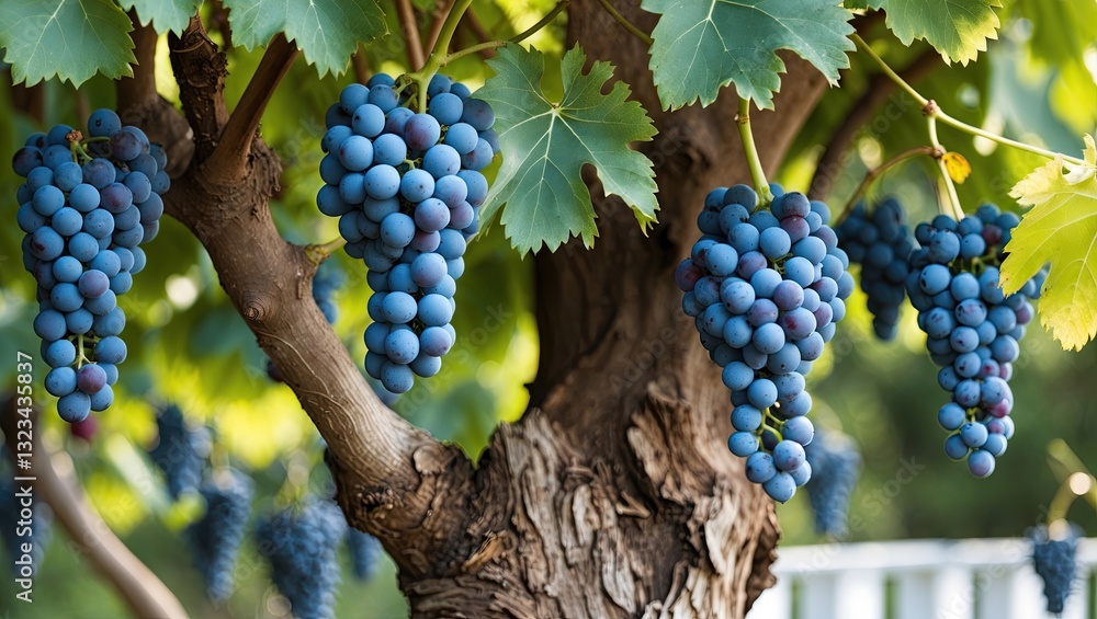 Fototapete Blue grape clusters hanging from a sturdy vine with lush green leaves in the background creating a nature-inspired composition with space for text.