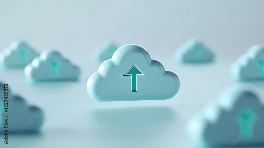 Poster cloud computing symbol with upload icon surrounded by floating cloud shapes in soft blue background