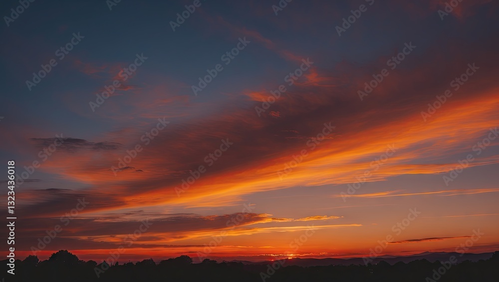 Poster vibrant deep orange and blue sunset sky with wispy clouds at dusk featuring a dark silhouette of hil