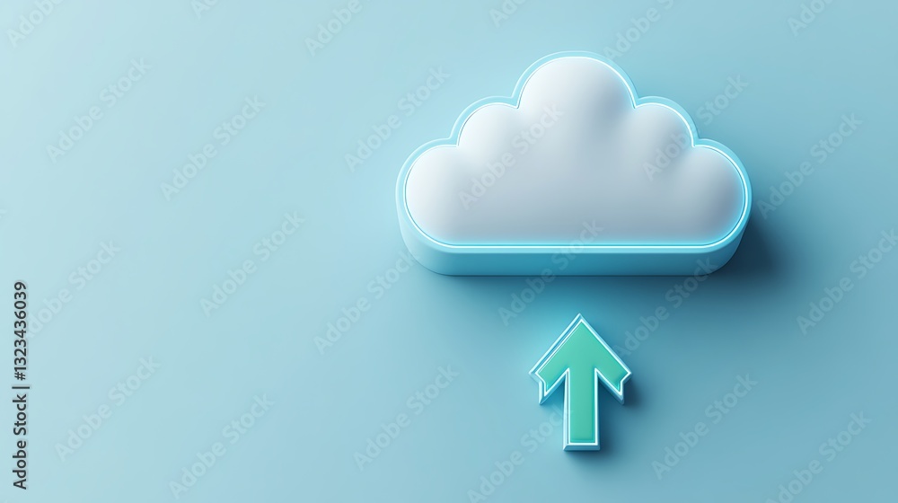 Poster cloud icon with arrow symbolizing data upload on soft blue background for digital concepts and techn
