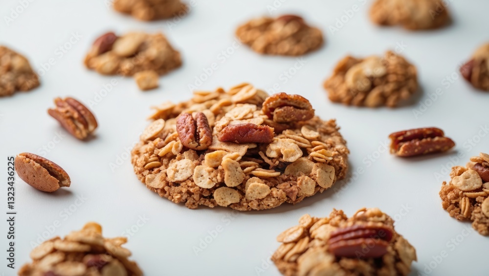 Poster granola cookie with pecans positioned center surrounded by scattered cookies on a soft blue backgrou
