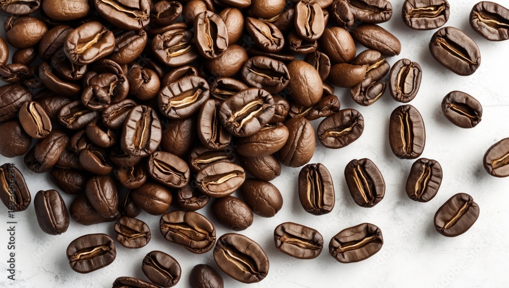 Aufkleber Roasted dark brown coffee beans scattered on a light marble surface with ample copy space for text and design area in top view composition.