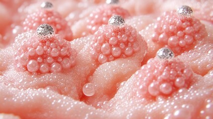 Fototapeta premium Close up view of a textured pink surface adorned with numerous small, pearl like spheres, creating a bubbly, almost organic feel. Silver accents punctuate the scene, adding a touch of elegance.