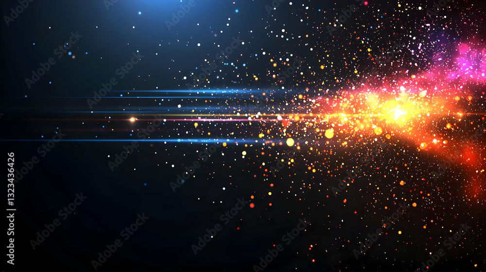 Poster abstract digital artwork of colorful light flares and particle effects against dark background