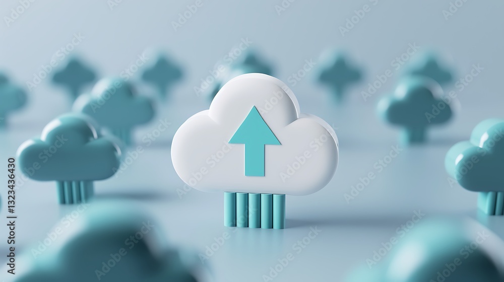 Poster cloud storage concept with upload symbol in minimalist style on soft blurred background