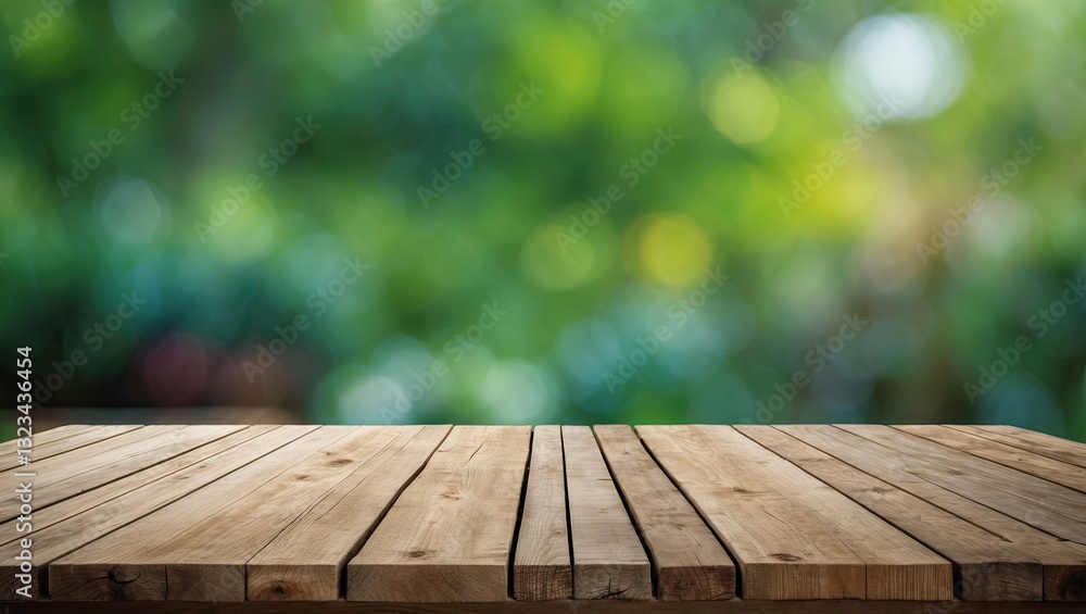 Poster wooden table top in the foreground with a blurred vibrant green background featuring soft bokeh effe