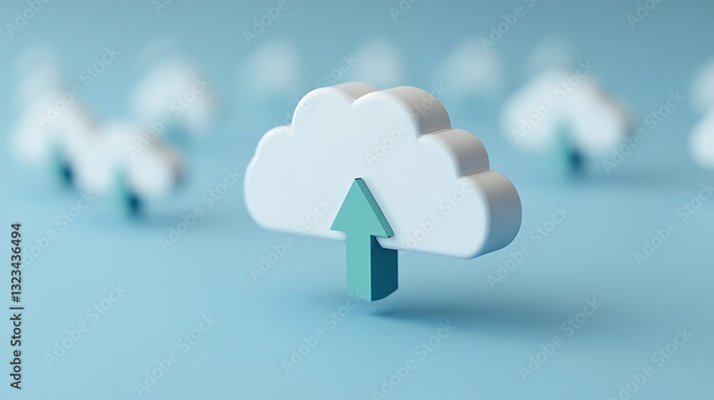 Poster cloud storage concept with upload symbol on pastel blue background in a minimalistic design