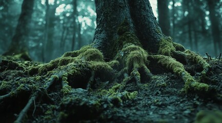 tree trunk covered in moss in the forest