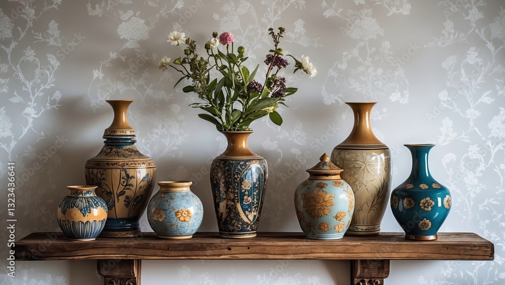 Poster decorative ceramic vases in various colors arranged on a rustic wooden shelf against an elegant whit