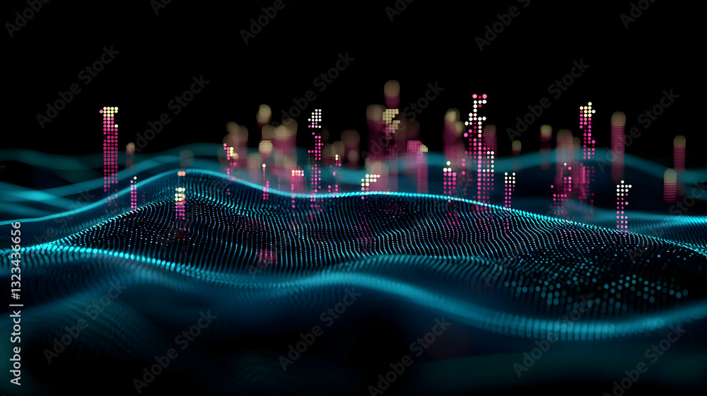 Poster abstract digital data visualization in blue and pink with wavy lines and glowing particles on black 