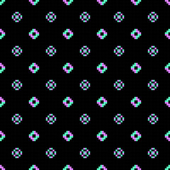 A vibrant, pixelated pattern of alternating mint and lavender diamonds on a black background.