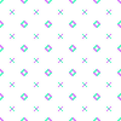 A repeating geometric pattern featuring small colorful diamonds and crosses in shades of purple and green on a white background.
