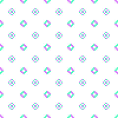 A repeating pattern of small, colorful diamonds in teal, purple, and pink on a white background, creating a playful geometric design.