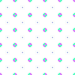 A repeating pattern of pastel-colored geometric shapes, including small squares and diamonds, on a white background.