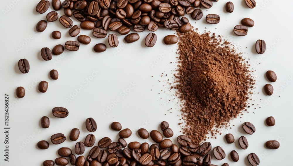Poster flat lay arrangement of dark brown coffee beans and ground coffee on a clean white background offeri