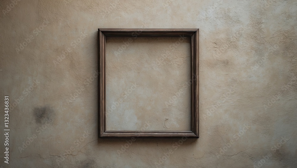 Poster empty wooden rectangular frame centered against a textured beige wall with subtle variations, evokin