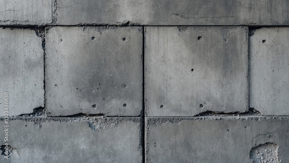 Poster gray concrete wall texture featuring uneven surfaces and dark shadows, with rectangular blocks arran