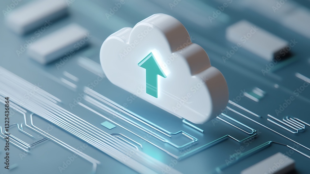 Poster cloud storage icon with upload arrow on digital background representing data transmission and techno