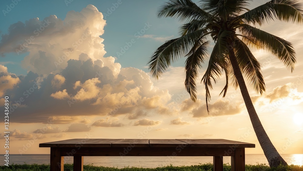 Poster Wooden table in foreground against golden sky and clouds with palm tree silhouette on right; ideal for text placement and design elements.